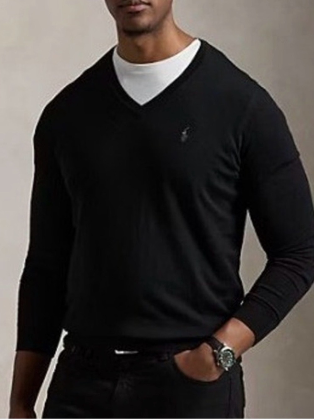 Polo Ralph Lauren Washable Merino Wool Slim Fit V Neck Sweater Black Knit Large